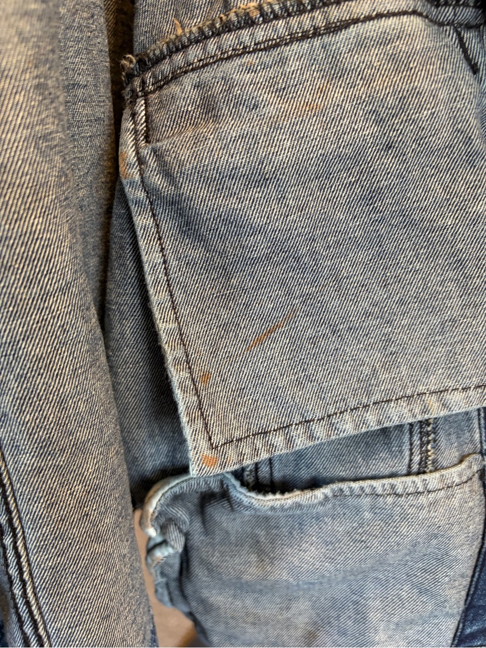 Free People Distressed Denim Jean Jacket W/ Knit Sleeves & Hood - Picture 10 of 13